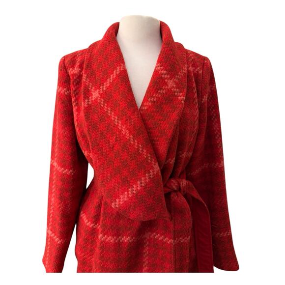 Cabi Evita Red Plaid Wrap Coat Belted Shawl Collar Women’s L #4295 - Picture 4 of 11